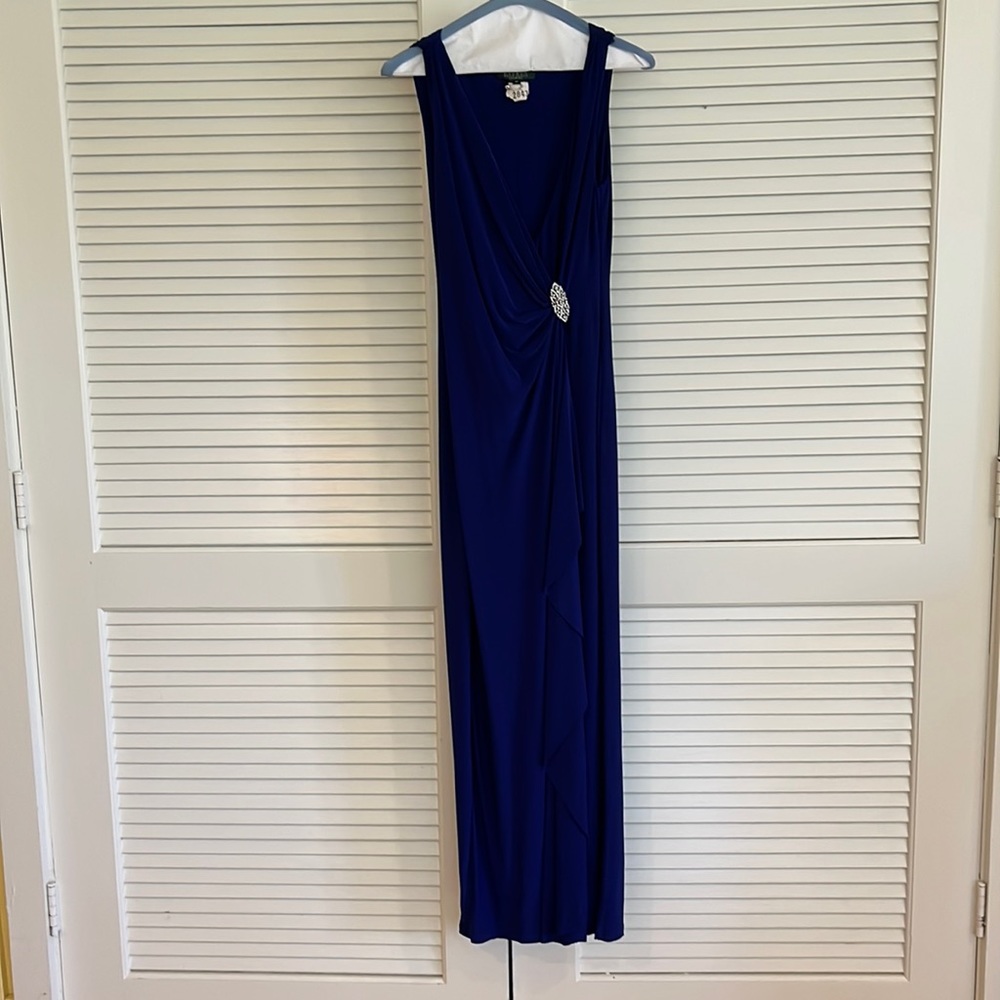 Ralph Lauren Evening blue wrap gown with jeweled closure 6 petite